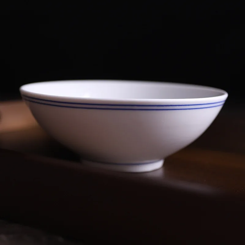 

High Temperature Porcelain Chinese Style Blue Rim Bowl Underglaze Color Round Soup Noodle Bowl