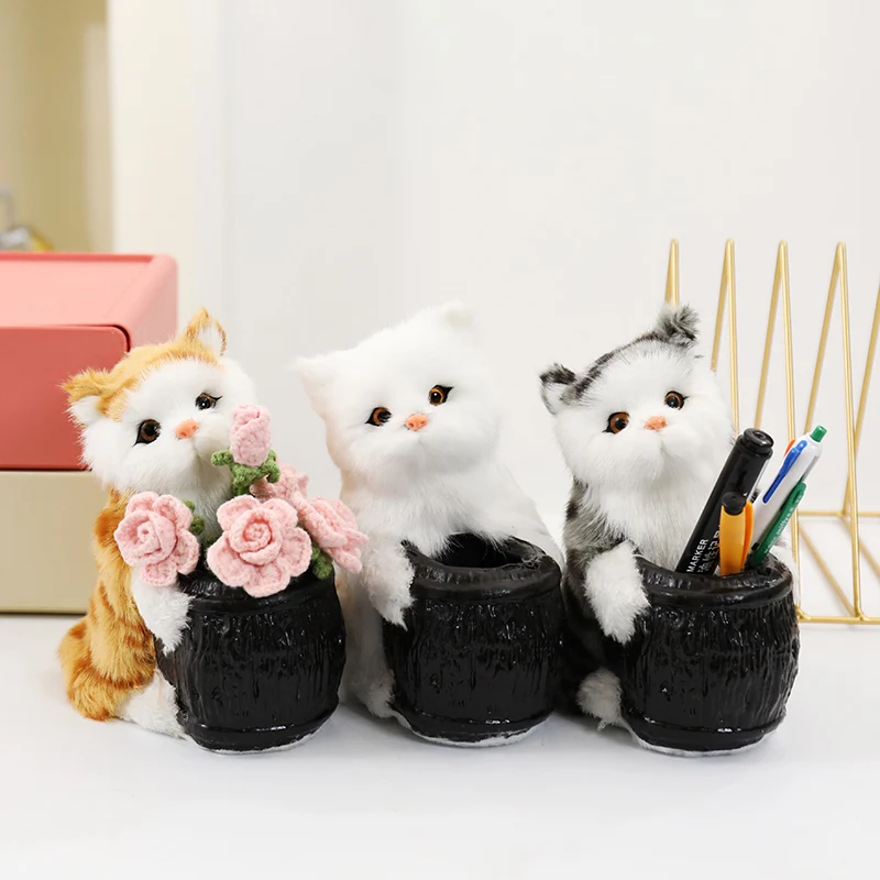 1pc 17cm Cute Creativity Cat Dog Pluche Pen Container For Desk Home School Office Decor