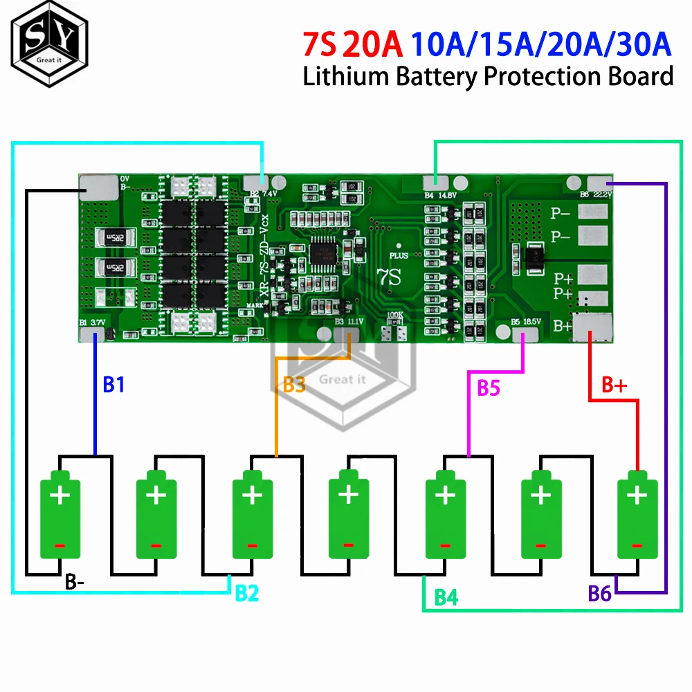 BMS 7S 24V 10A 15A 20A 30A Li-ion 18650 Battery Charge Board With Balance Function Short Circuit / Temperature Protection