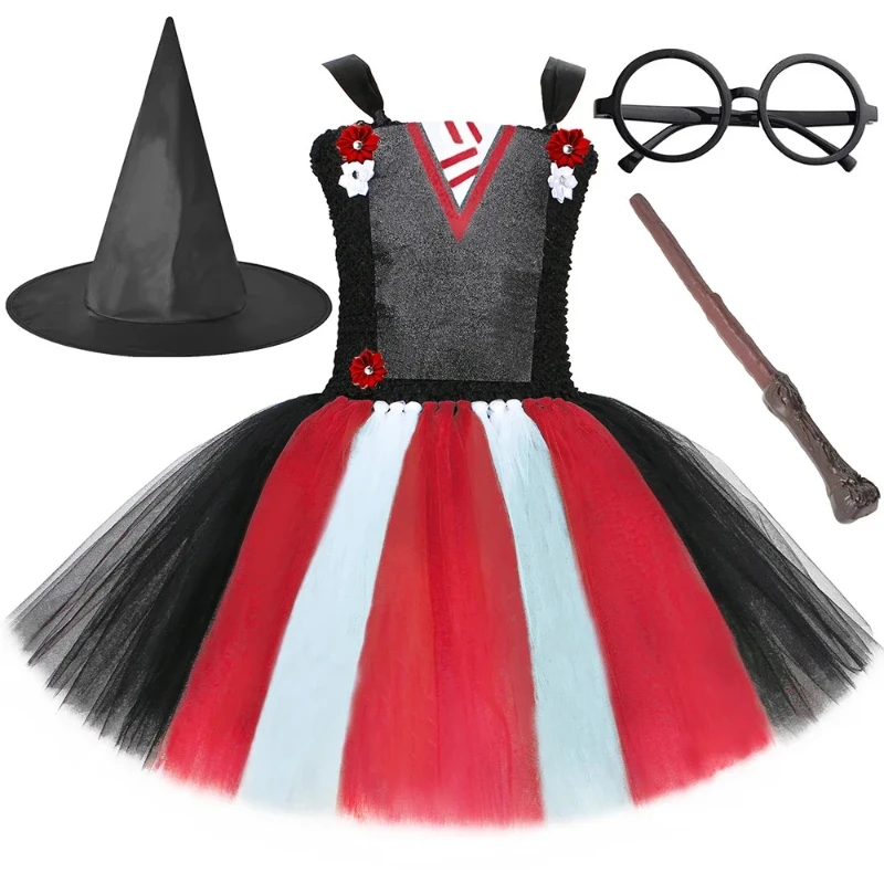Witch Halloween Costumes for Girls Kids Long Fancy Tutu Dress with Hat Broom Children Carnival Party Disguised Outfit Ball Gown