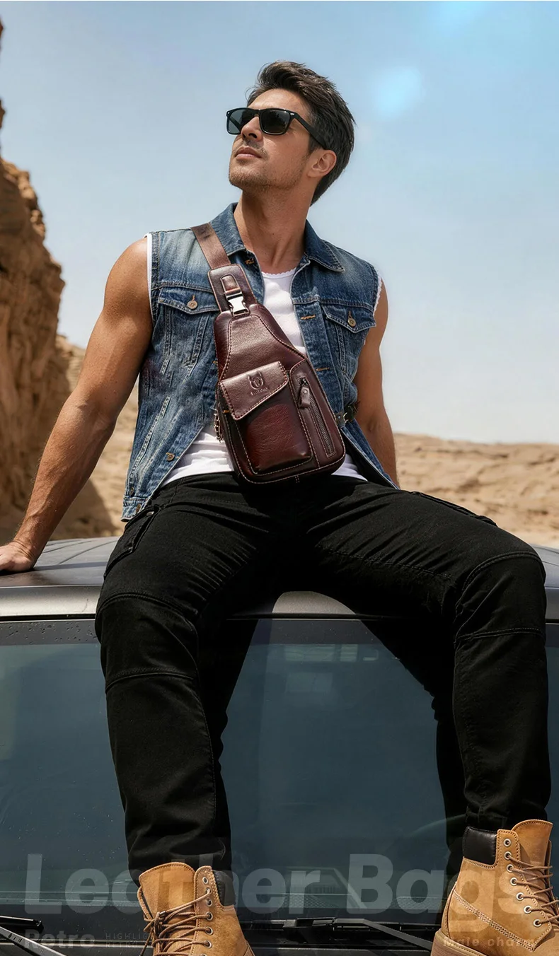 BULLCAPTAIN Echtleder Sling-Rucksack für Herren USB-Ladeanschluss Brusttasche Crossbody Schultertasche Lässiger Tagesrucksack für Arbeit und Reisen – Detail 2