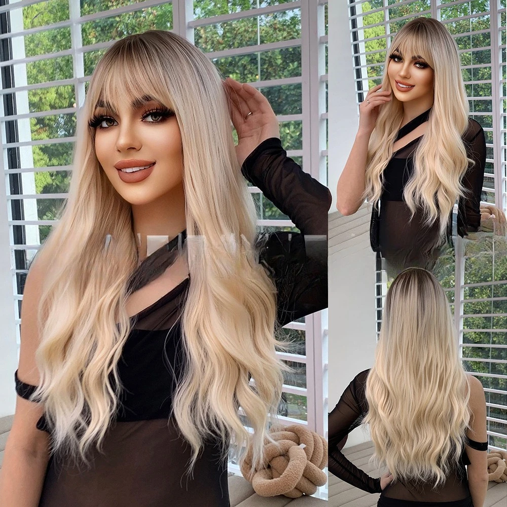 

European and American wigs, headgear, natural gradual change on the top of the head, women's long curly hair, tacos, light gold