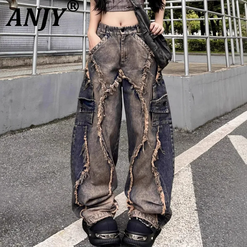 ANJY Autumn New Women Trendy Distressed Heavy Industry Color Block Washed Frayed Edge Jeans Hip Hop Street Wide Leg Pants A17893