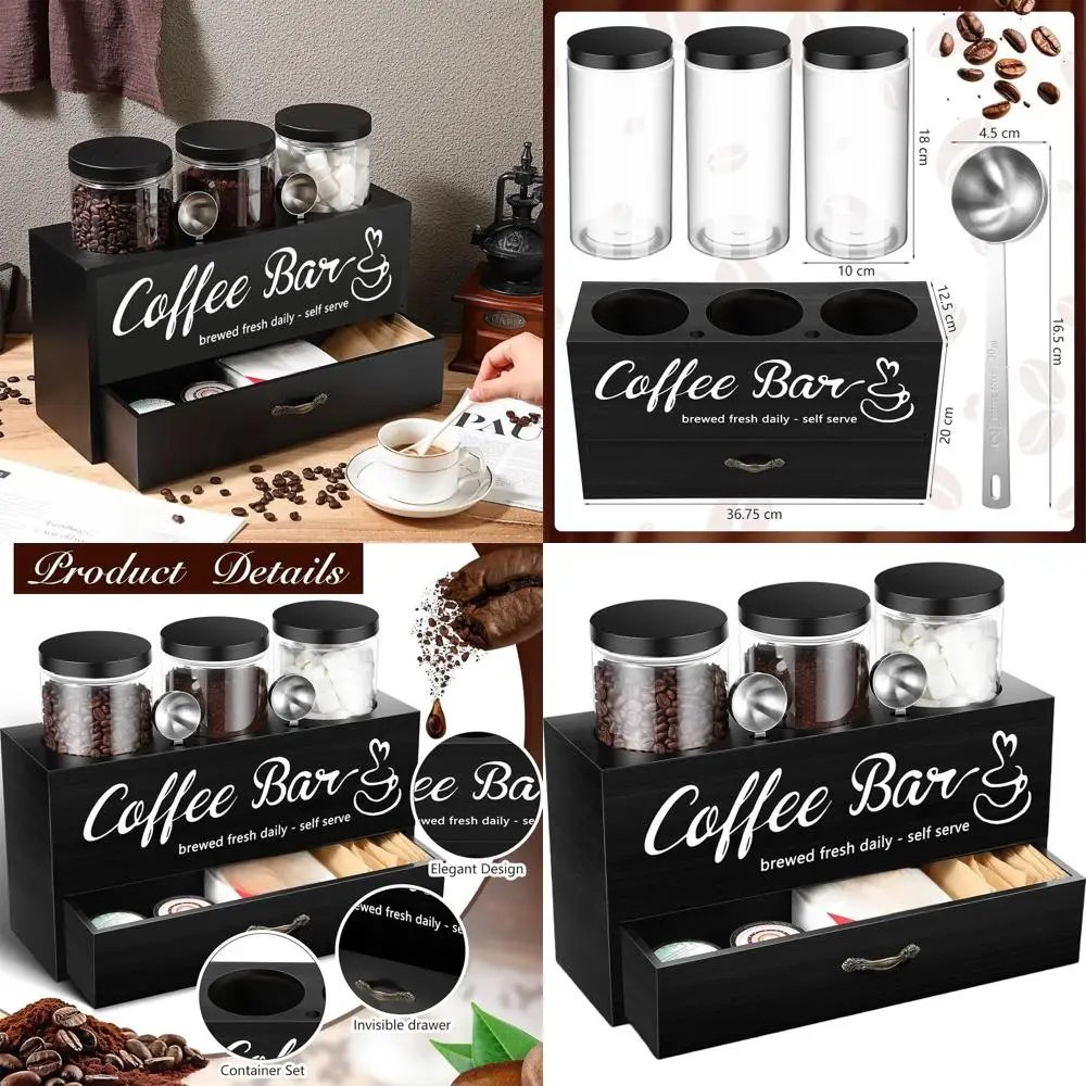 

3-Piece Plastic Coffee Storage Set with Drawer and Spoon, Black