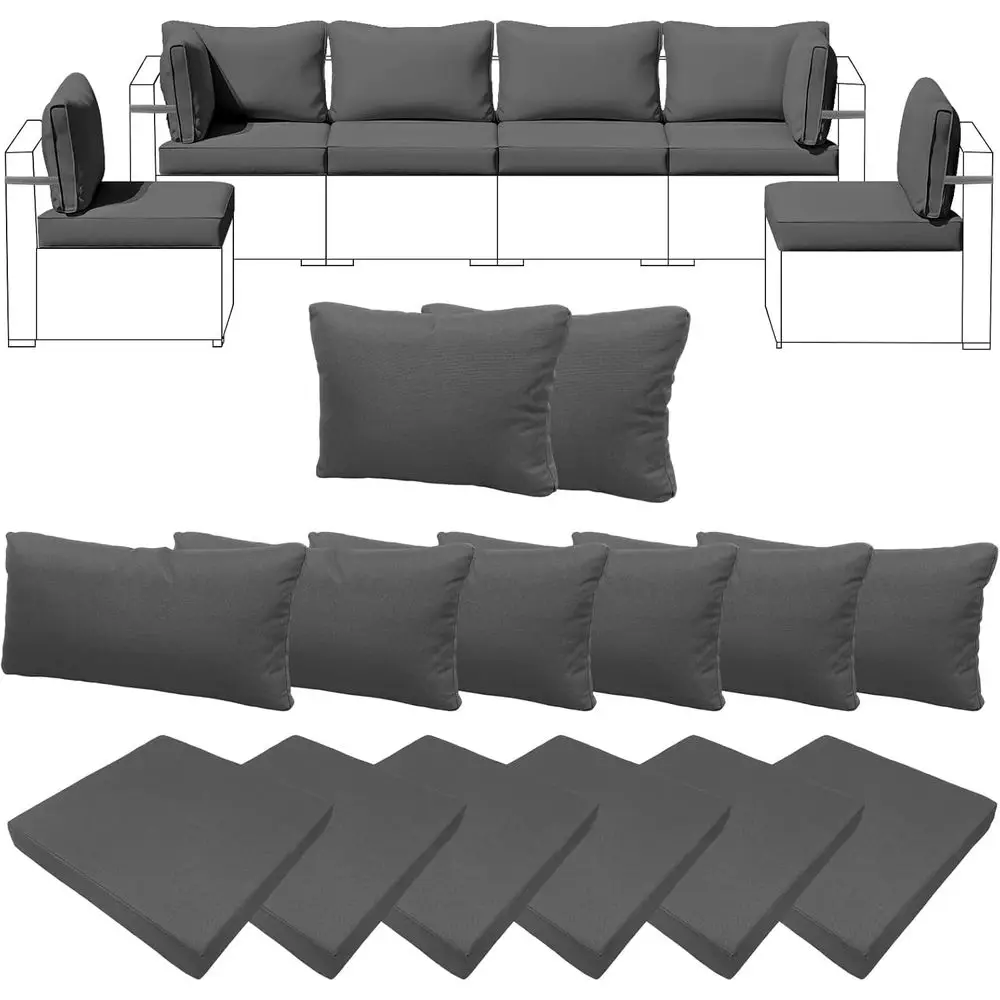 

14-Piece Outdoor Cushion Set, High-Density Foam, Waterproof & Sun-Resistant, Zippered Covers for 6-Seat Rattan Sofa (Charcoal Gr