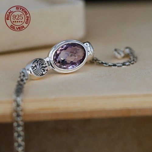S925 Sterling Silver Ethnic Style Oval Engraved Flower Design Bracelet for Women Natural Purple Crystal Bangles Wedding Jewelry