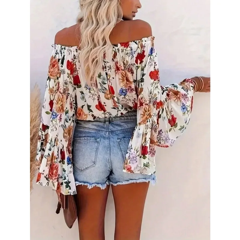 بالإضافة إلى حجم المرأة عارضة قميص قبالة الكتف أزياء مطبوعة قميص عطلة حزب المرأة قميص طويل الأكمام