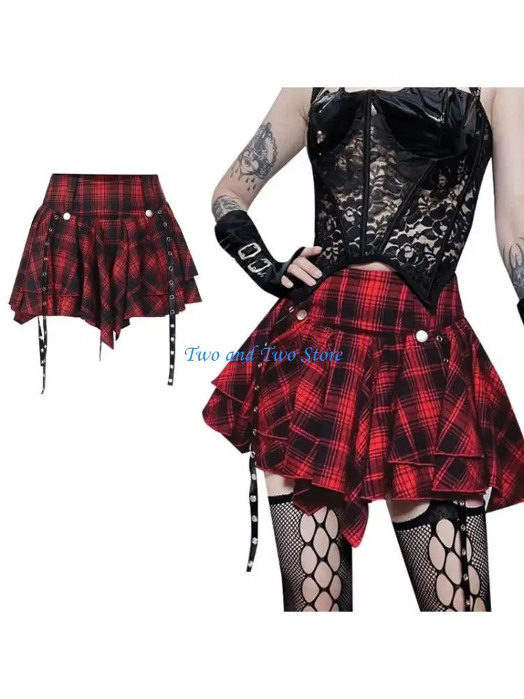 HX6F Dark Goth Women Checkered Pleated Ruffle Eyelets Bandages A Line Mini Skirt