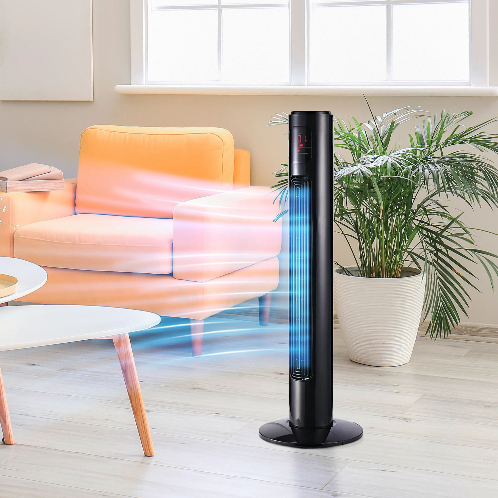70 °   Ventilador oscilante con control remoto, ajustable en 3 modos (normal/natural/sleep), temporizador de 3 velocidades, 32x32x96 cm