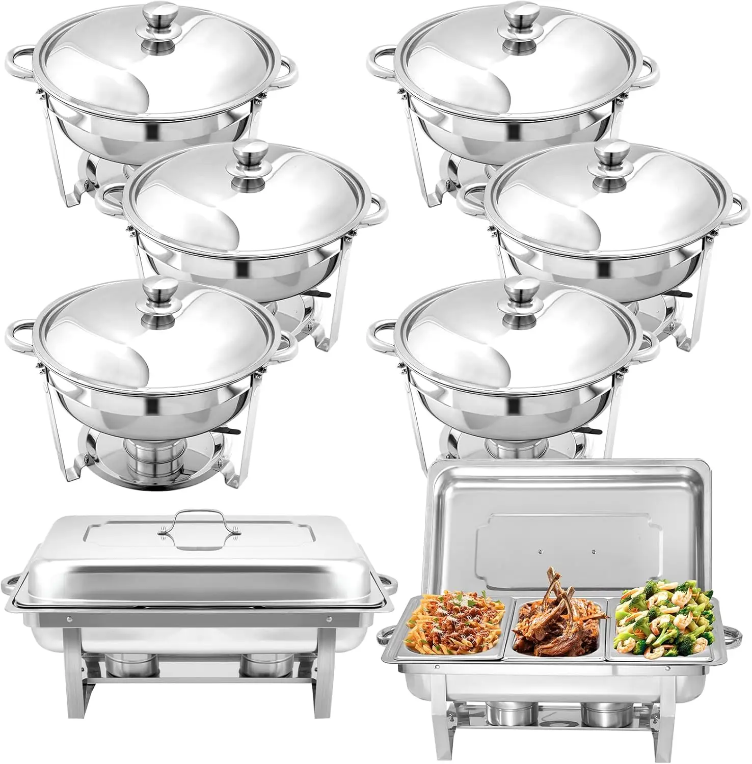 8 Pack Chafing Dish Buffet Set, Stainless Steel Catering Food Warmer For Banquet, Parties, Wedding (6 Packs 5Qt Pan + 2 Packs