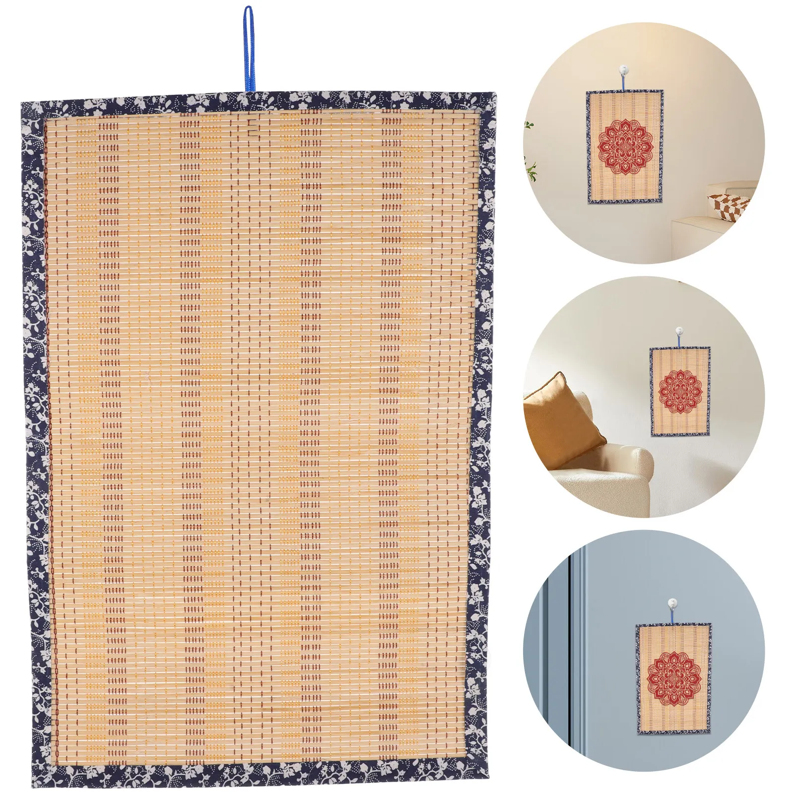 Decoración de Pared con Abanico de Bambú Hecho a Mano, Tapete Colgante DIY con Borde de Tela Floral Azul, Arte de Pared Rústico Boho Oriental Feng Shui para Dormitorio