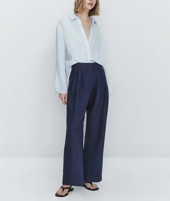 กางเกงขายาวผ้าลินินทรงหลวมสบายสำหรับผู้หญิง สไตล์ลำลอง พับได้ สีน้ำเงิน ทรงตรง ขาตรง ไม่สมมาตร เอว l