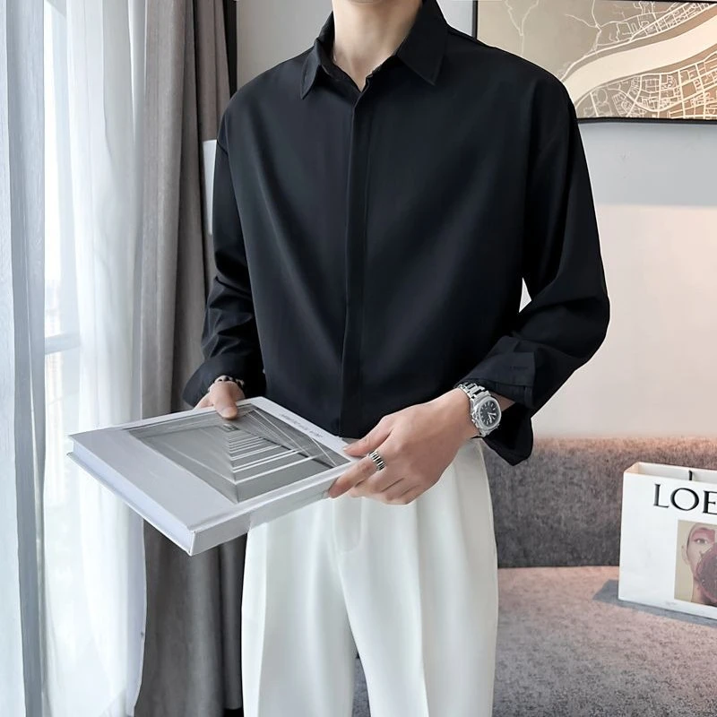 Men Casual Long Sleeve Shirt Hong Kong Retro Korean Fit Draping Dopamine Hues Loose Lightweight