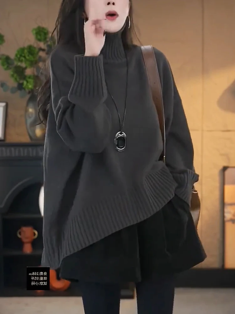 

Корейский модный однотонный теплый вязаный свитер с высоким воротником для осени и зимы, большие размеры, универсальный, стильный, для повседневной носки, шерстяной.