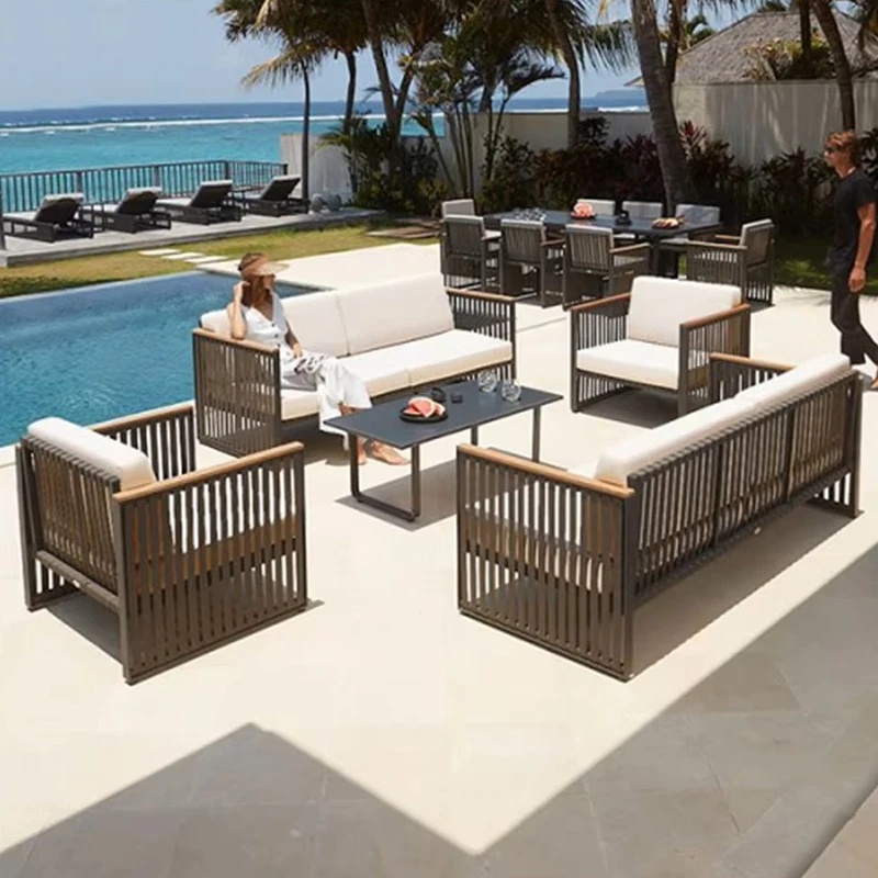 High Quality Popular Outdoor Furniture Aluminum Frame Polyester Woven Patio Teak Arm Garden Sofa