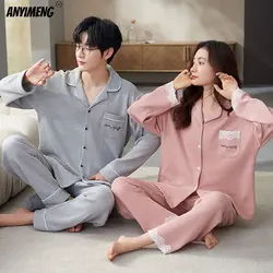 Waffle Cotton Sleepwear New Women Men Spring Autumn Couples Pajamas Set Lovers Nightgown Turn-down Collar Pijamas Home Clothes