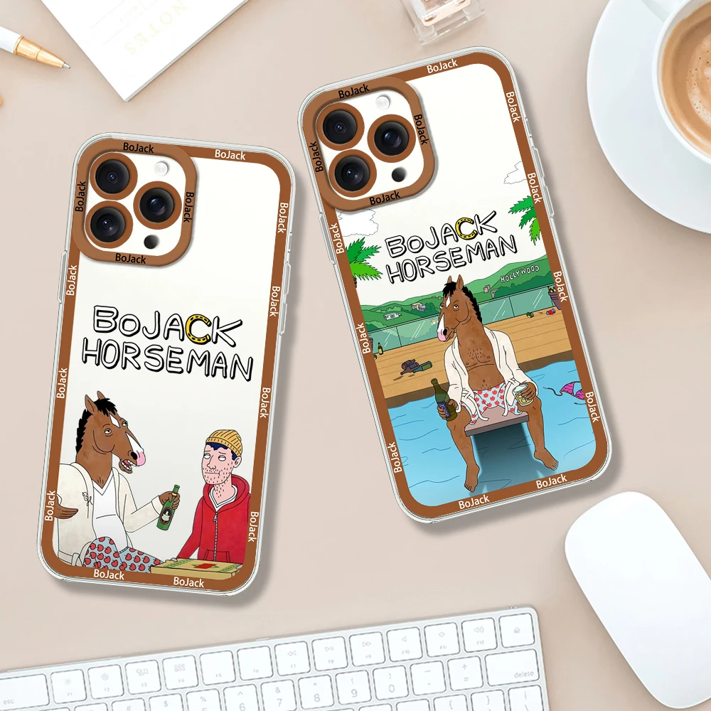 B-BoJack Cartoon H-Horseman Phone Case for iPhone 12 11 13 14 15 16 Max Pro Plus Transparent Bezel Cover