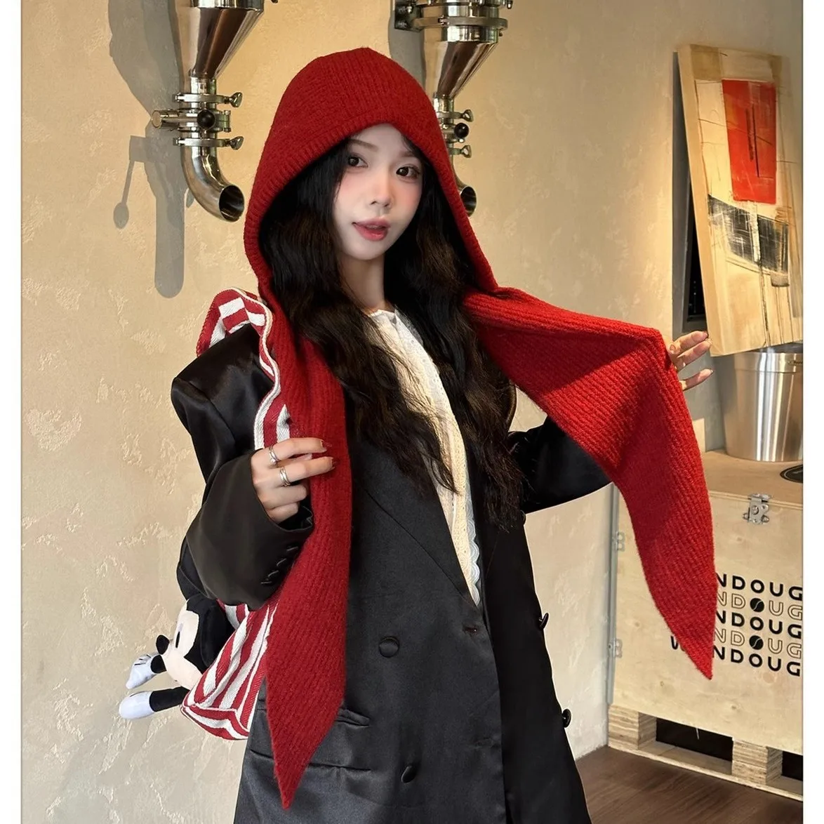 Women Fall Winter Solid Color Knitted Hat Scarf 2 In 1 Thickened Warm Neck Protector Soft Acrylic One Size Cold Proof Outdoor
