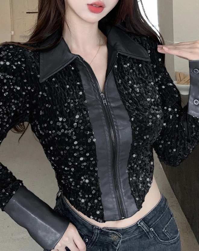 

2023 Autumn Spring New Fashion Casual Sexy Blouses Contrast Sequin Zipper Design Patchwork Jacket Female T-Shirts Pullover Tops