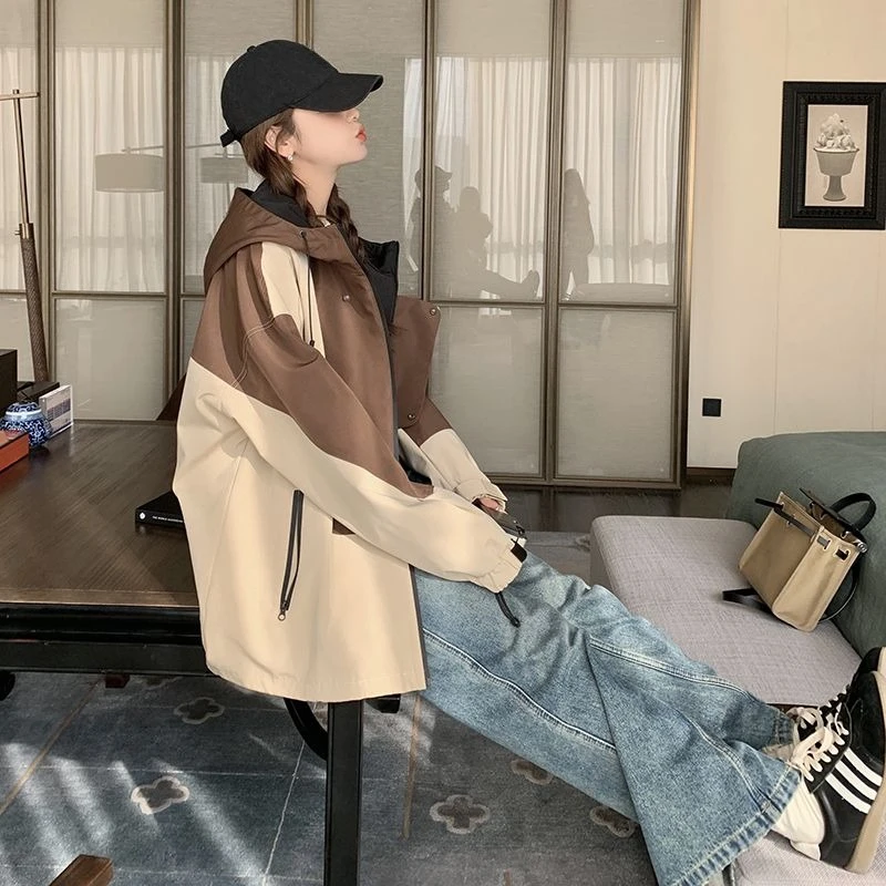 سترة نسائية فضفاضة مناسبة موديل 2025 ذات ياقة عالية مع قلنسوة ملابس خارجية غير رسمية للربيع والخريف سترة واقية بنمط هاراجوكو للتخسيس #4