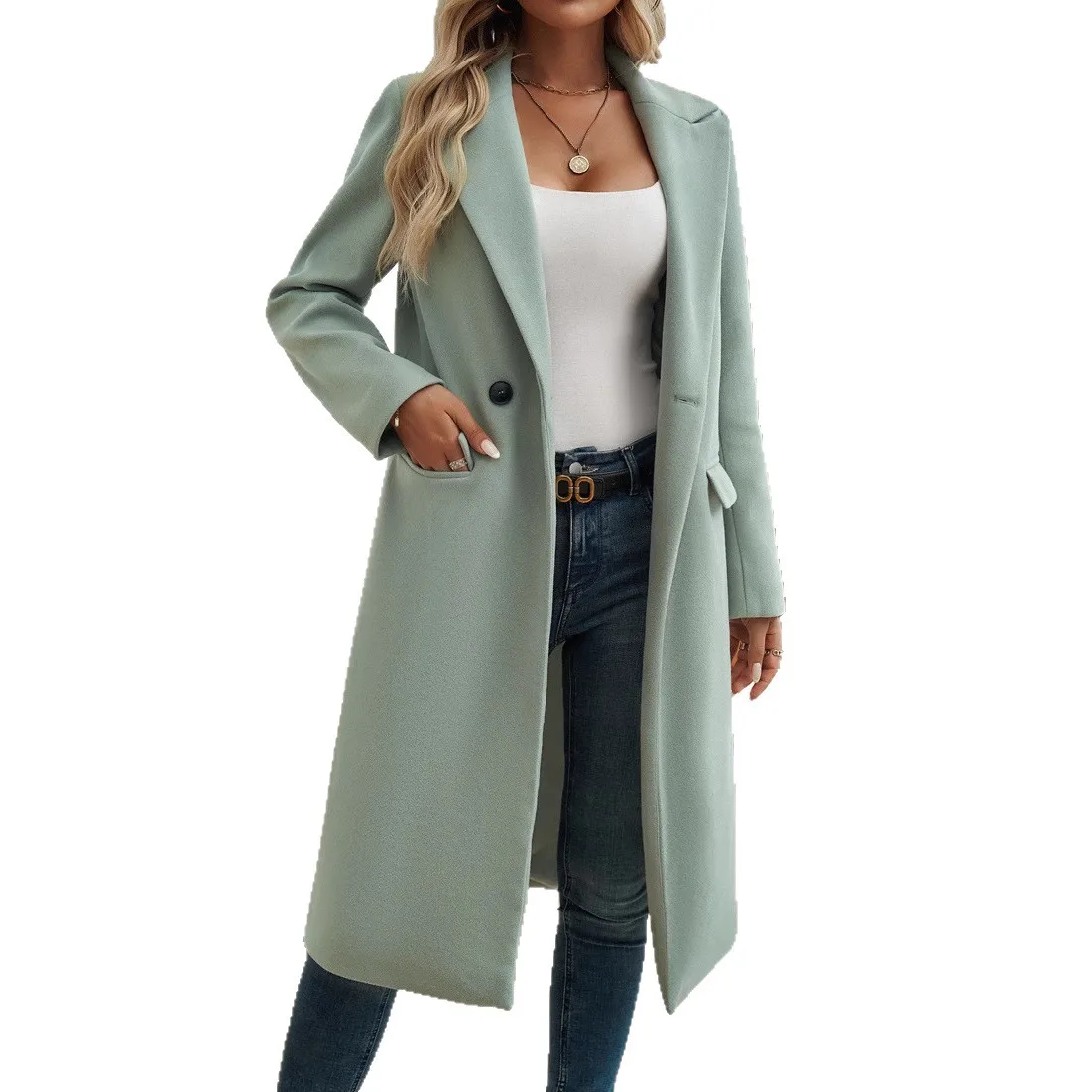 

Женские шерстяные пальто, длинные смешанные куртки, однотонные карманы с отложным воротником и длинными рукавами, облегающие повседневные куртки на одной пуговице, осень-зима 2023 г.