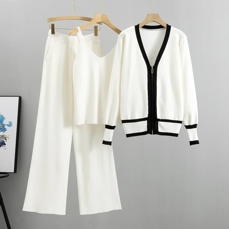 Greenora Minimalist Matching Set Quiet Luxury Women Knit Cardigan Camisole Wide Leg Pants Three Piece Set Modest Fashion
