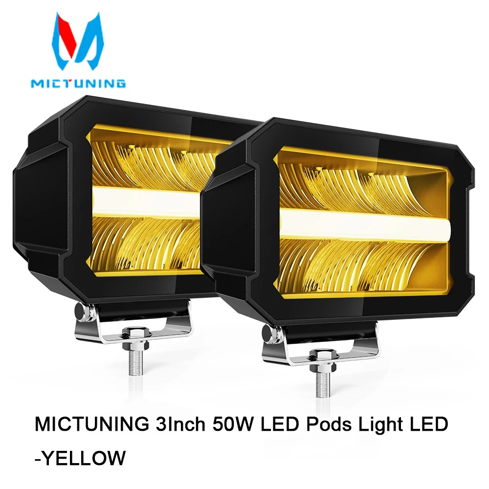 MICTUNING 3Inch 50W Yellow LED Pods Light Work Light Driving Fog Lamp Waterproof With Adjustable Brackets for Off-Road ATV Truck