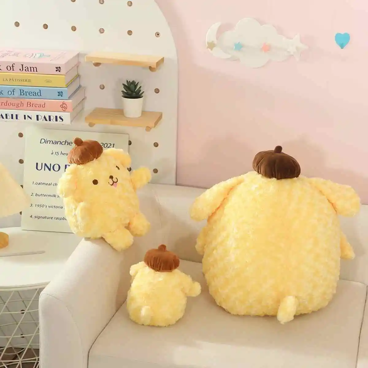 Em estoque adorável pom pom purin brinquedo de pelúcia macio recheado cão amarelo anime personagem estilo japonês sofá cama decoração presente para meninas