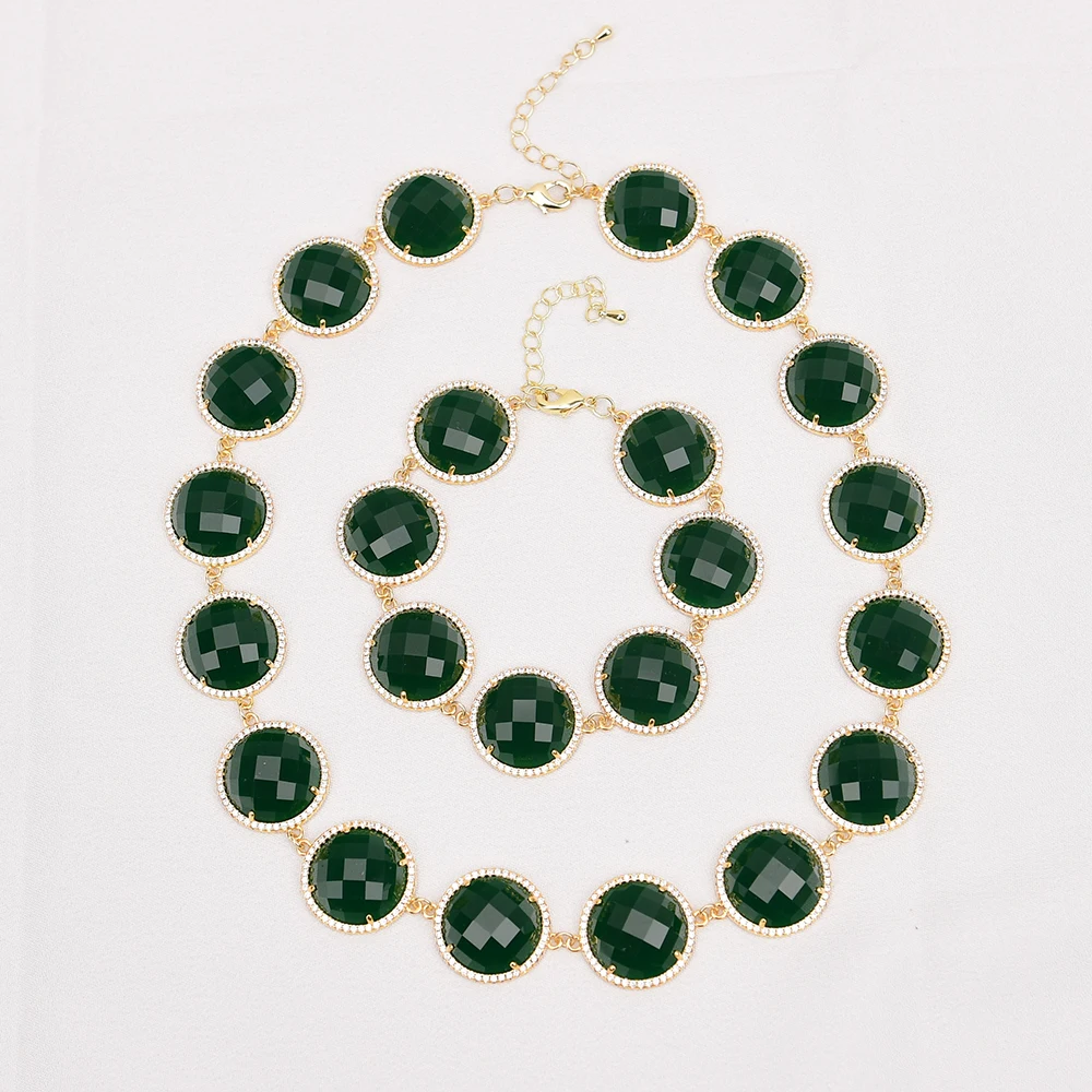 GG Gold Edge Plated Green Jade Coin CZ Rhinestone Paved Connector Beads Necklace Bracelet Sets