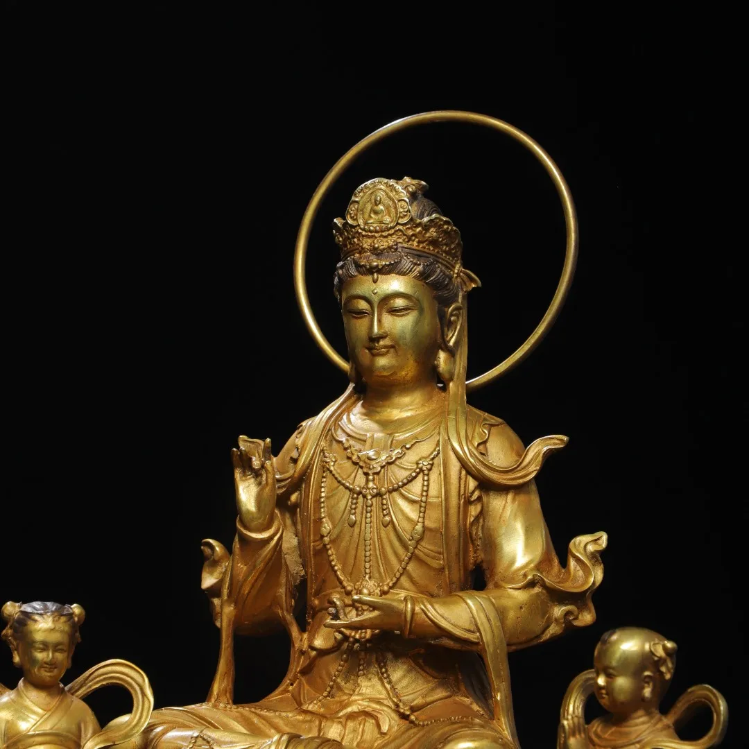 Old Bronze Gilded Cinnabar Golden Boy and Jade Girl Sending Child to Guanyin Sitting  Buddha Worship Hall Town house