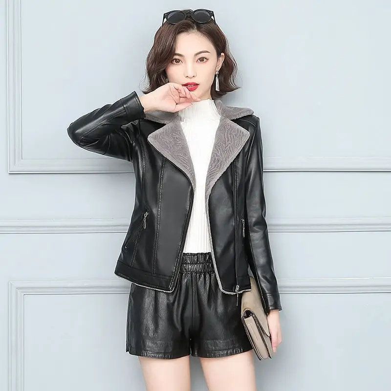 2023 Winter New Women Fleece Short Leather Coat Korean Style Slim Fit Warm Leather Jacket Fashion Solid Color Casual Outwear