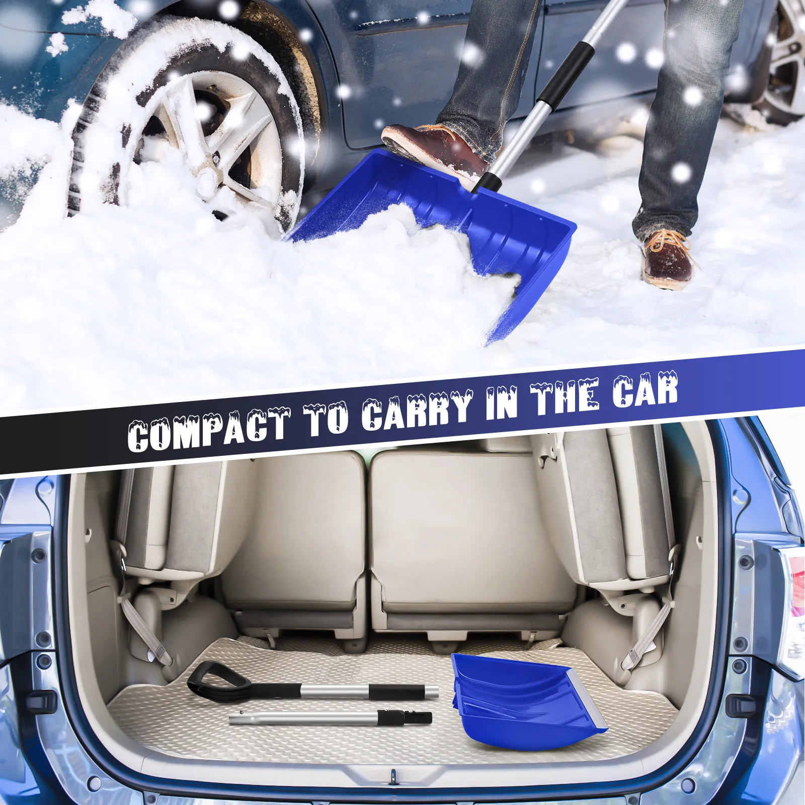 Heavy Duty Collapsible Snow Shovel with Adjustable Aluminum Handle Deep Blade for Snow Removal Ice Scraping Outdoor