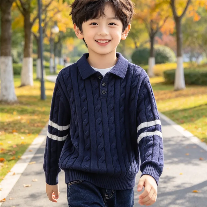 Boys Cotton Sweater 2026 Autumn/Winter Turn Collar Fashion Children's Knitted Pullover For Teen Boys 6-15 Years Wear