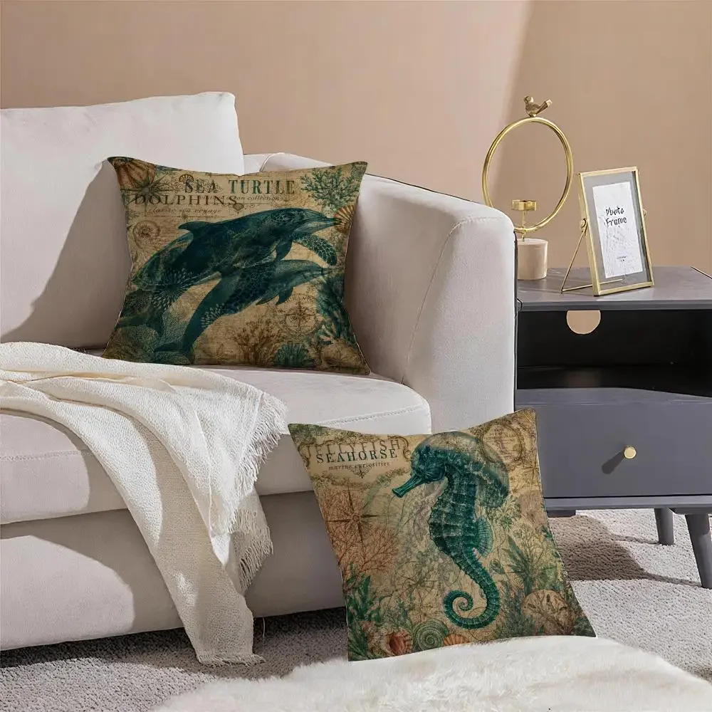 Vintage-style sea turtle and whale Cushion Cover Pattern Printed Pillowcase for Living Room Sofa Cushion Cover & Bedroom Decor
