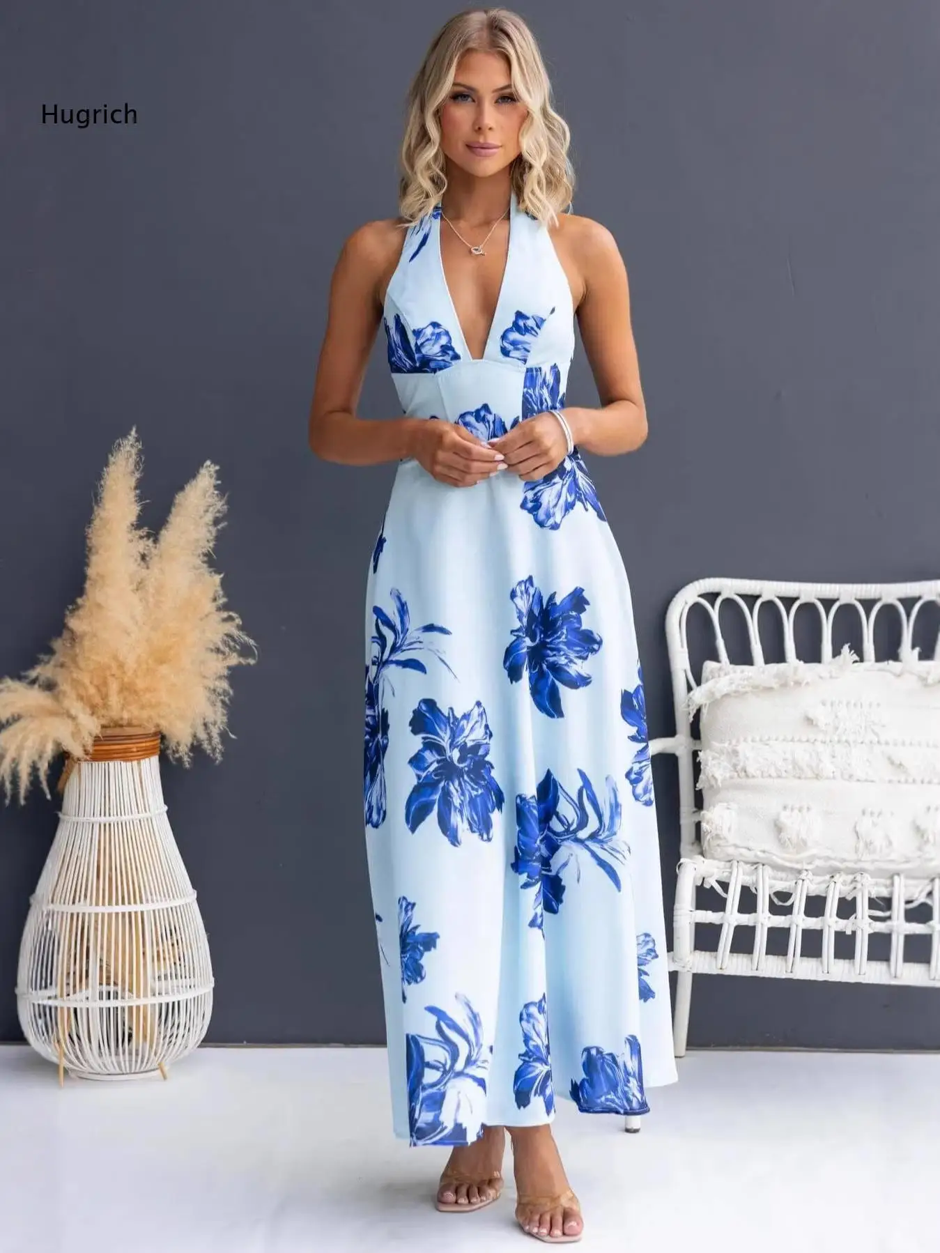 Halter Neck Deep V Midi Dress For Women Floral Pattern Sleeveless Backless Design High Waist Flowy Dress For Vacation