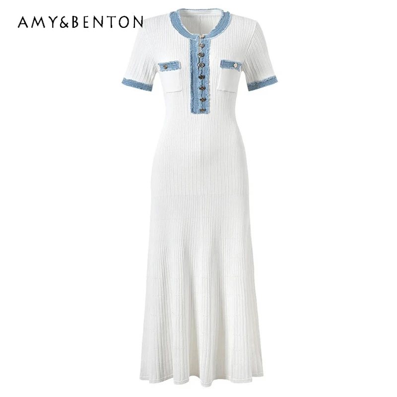 

2026 Spring Summer Short-Sleeve Denim Splicing Women's Dress French Retro Design Simple Elegant Slim Long Knit Dresses Ladies