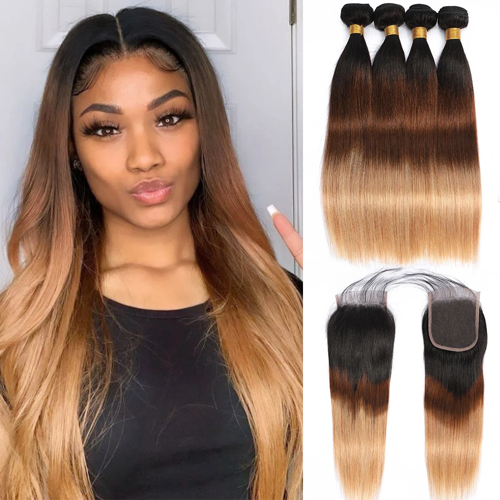 

Ombre straight Wave Bundles With Frontal T1b/4/27 Colored Bundles With Frontal Brazilian Hair Bundles With Lace Frontal Closure