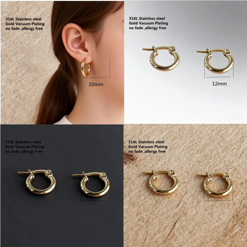 Gold Color 2mm Line Round 316 Stainless Steel Hoop Earrings 12/15/20mm No Fade Allergy Free Classical Brief Style IP Plating