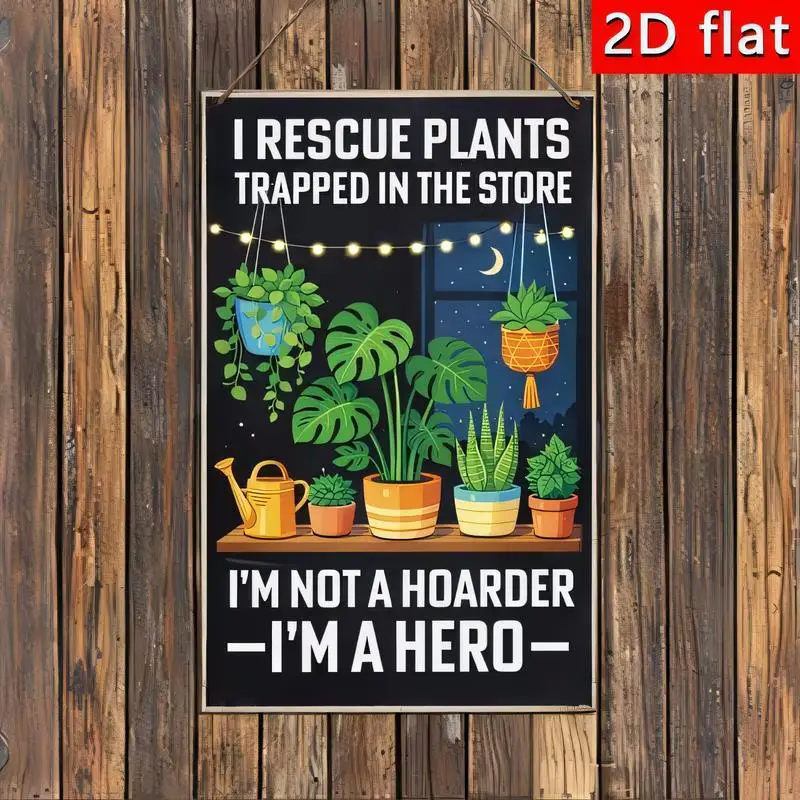 2D Flat I Rescue Plants Retro Metal Tin Sign - Black w/ Plants & String Lights, Iron, Perfect for Plant Lovers, Home/Garden Deco