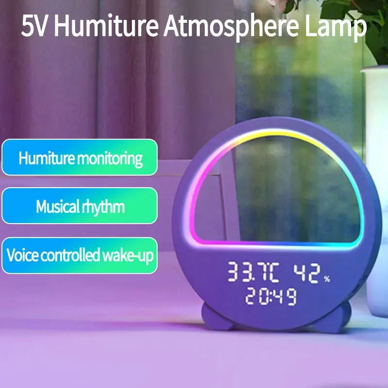 Multifuncional LED Medidor de Temperatura e Umidade, Desktop Clock, Luz de Cabeceira, Pequena Luz Noturna, Música Inteligente, Voz e Despertar