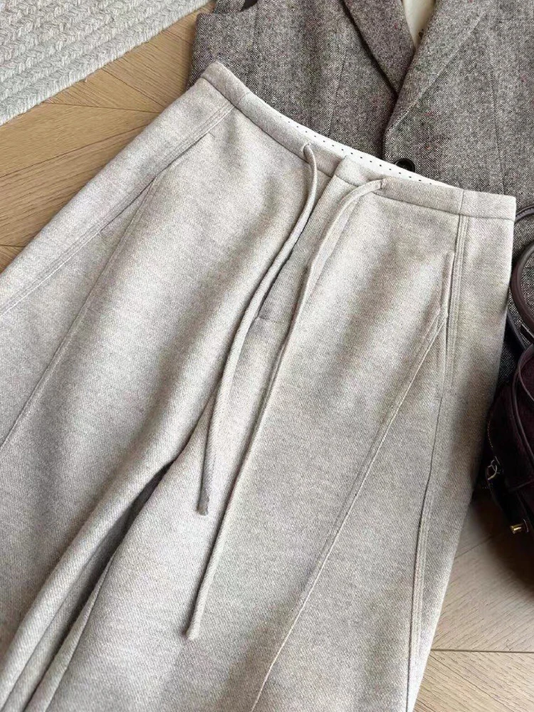 

Oaeal Woolen Straight Leg Knife Pants Women's High Waist Drapey Scythe Wide Leg Trousers Autumn Winter Faion Ladies