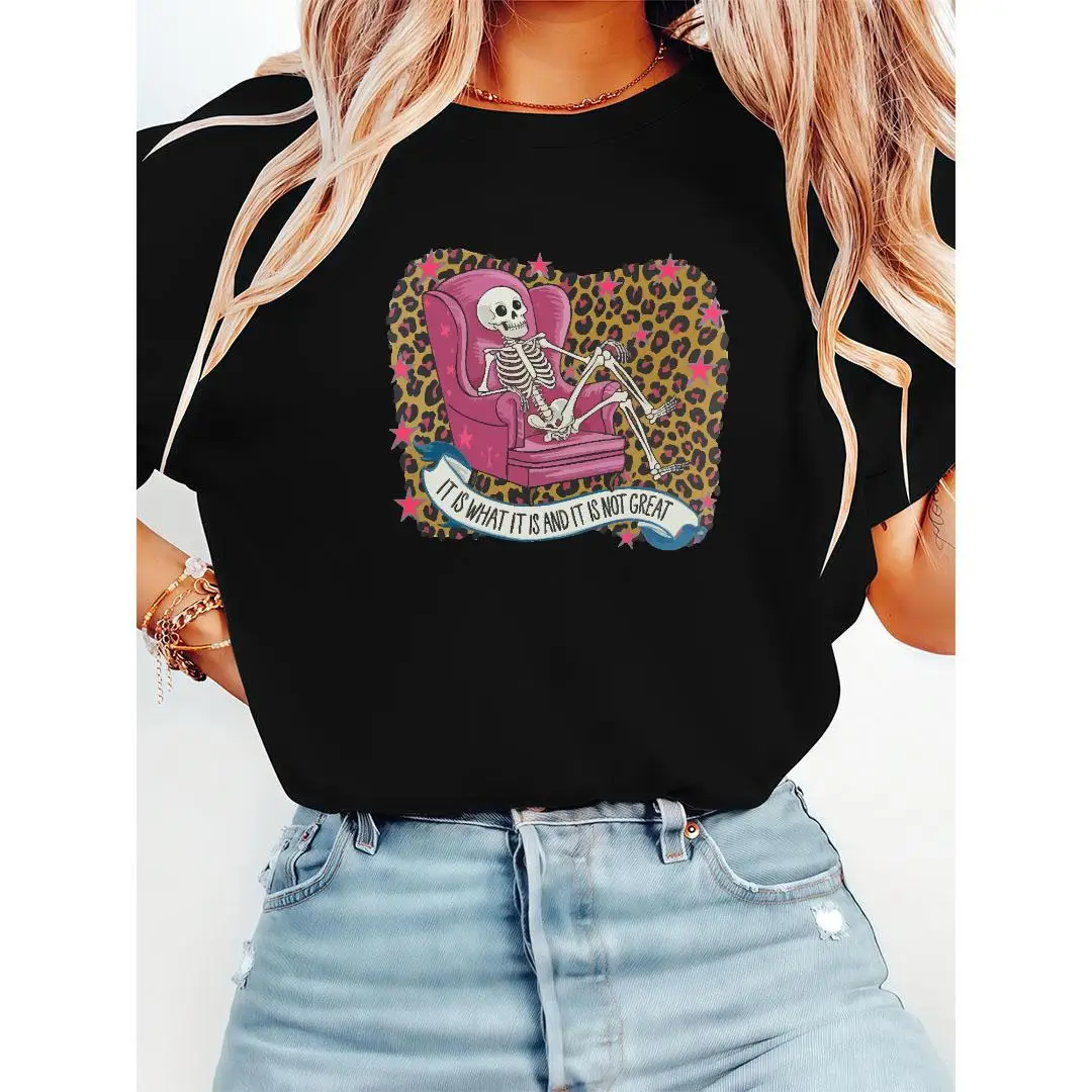 

T - Shirt Featuring A Playful - Yet - Sarcastic Design: A Leopard - Print - Background Skeleton Illustration With A Relatable