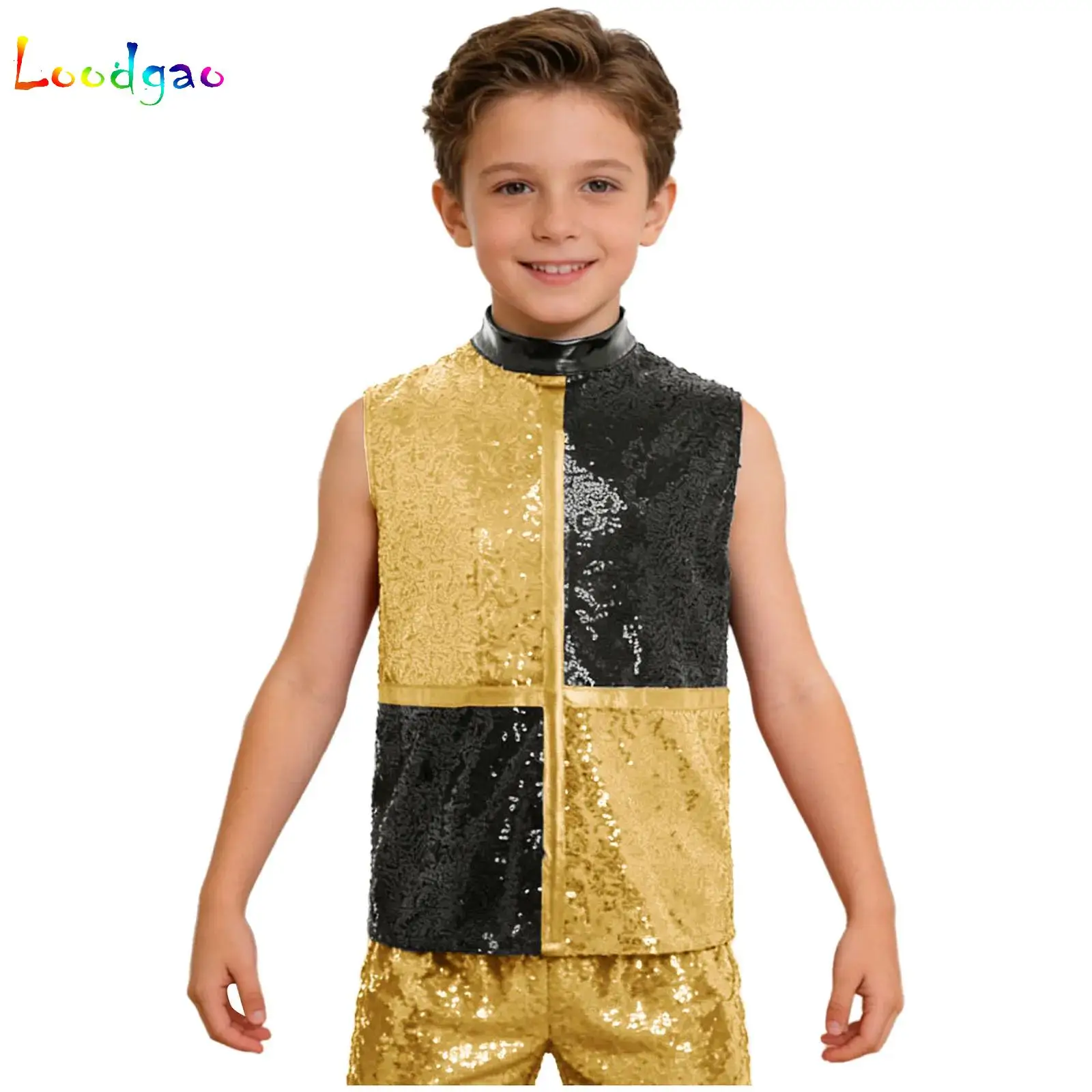 

Kids Boys Fashion Sequins Party Tops Jazz Dance Performance Costume Sleeveless Zipper Color Block T-shirts Tees for School Show