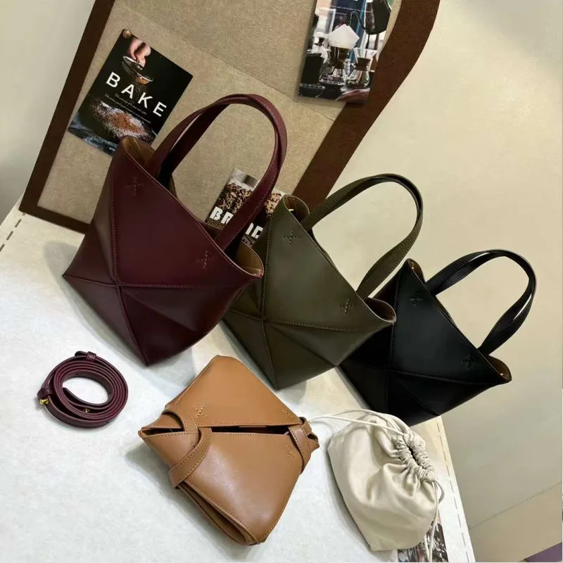 Large capacity foldable bag with geometric splicing, simple tote bag shiny calf leather handbag shoulder bag