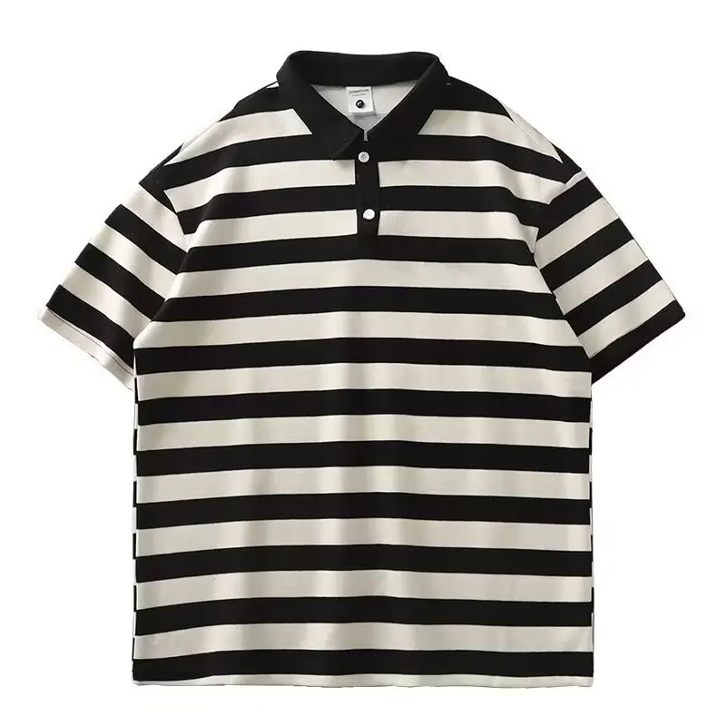 Men's 2024 Summer Turn Collar Polo Shirt Students Business Striped Short Sleeved T-shirts For Men Clothing