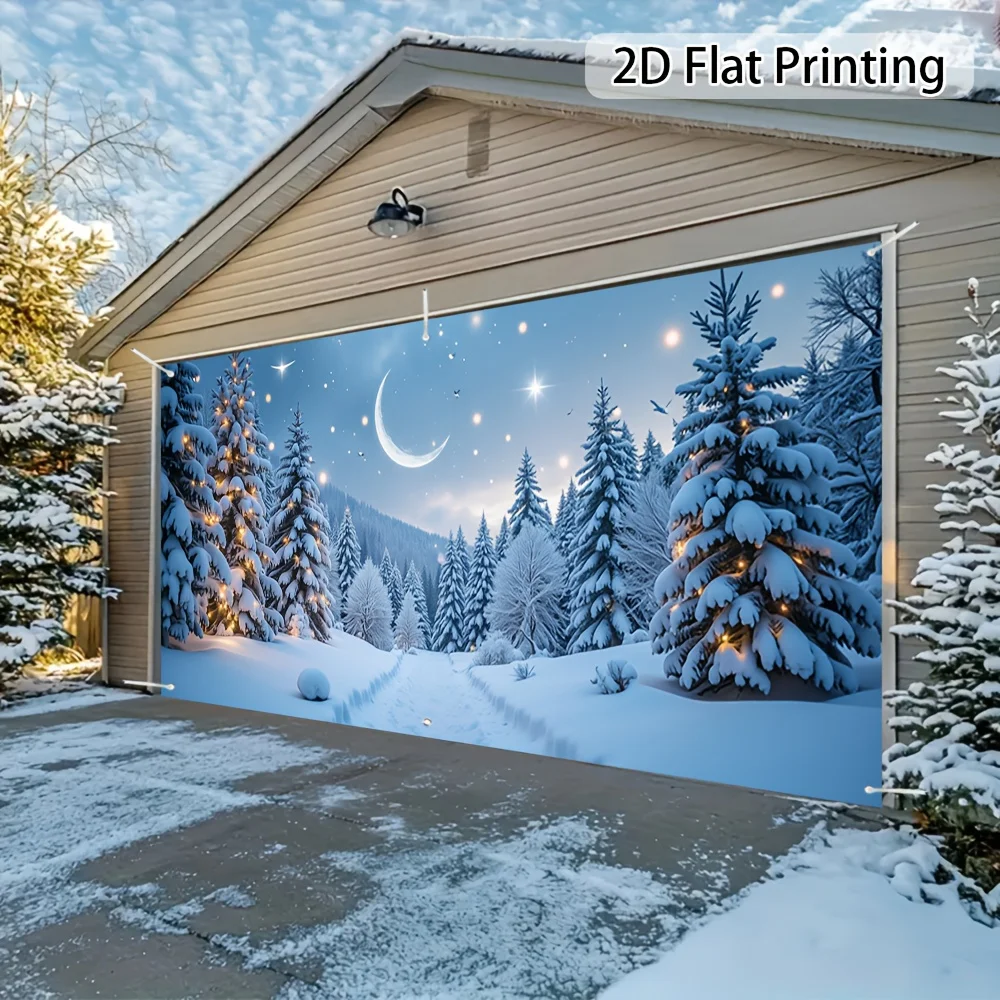 Ein flacher 2D-Stoff für die Garagentorbanner im Winterwald, Schneeszene, perfekter Polyester-Hintergrundstoff im Winter-Weihnachtsthema
