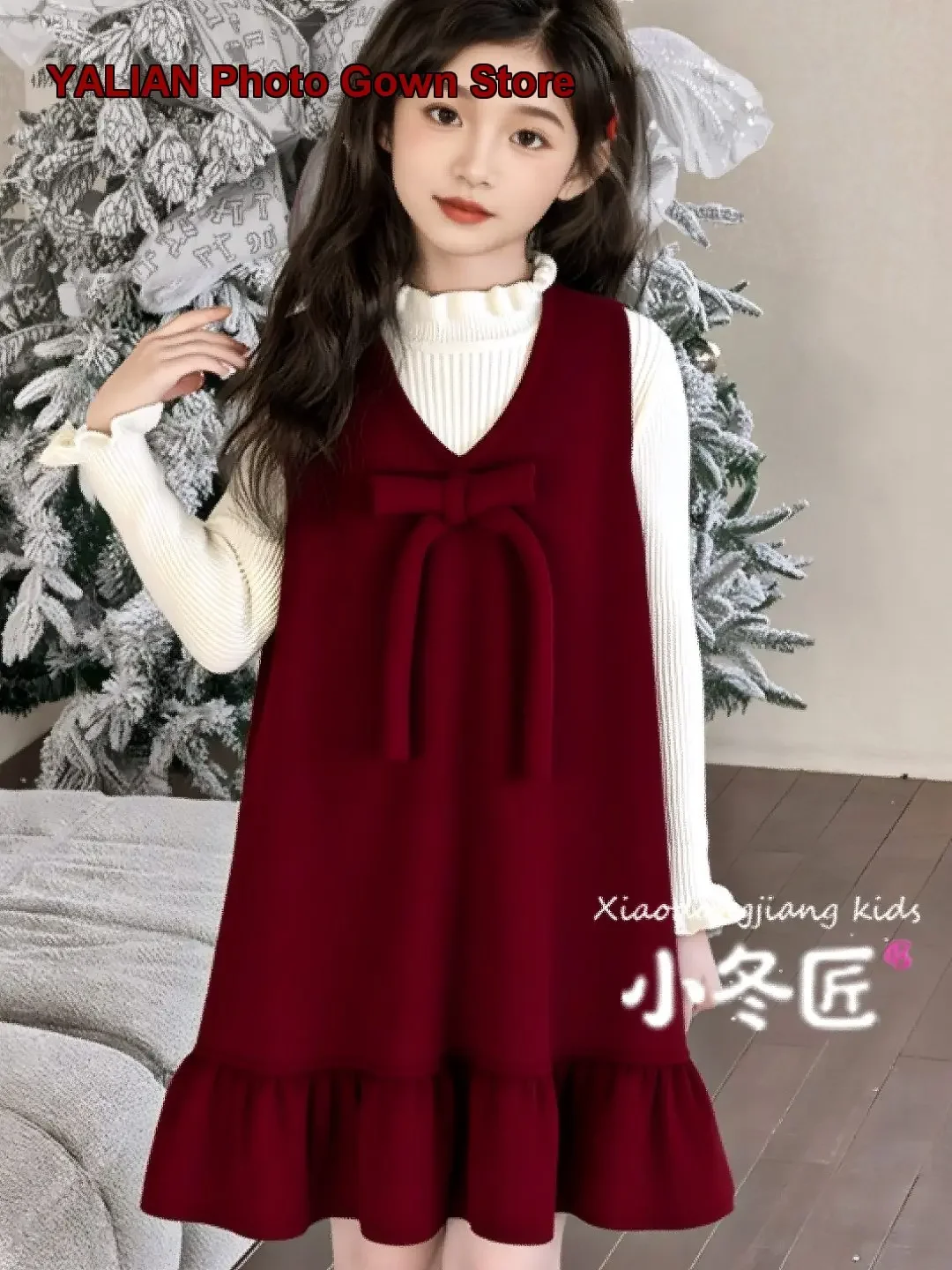 Girls New Year Greeting Dress Autumn Winter 2026 Older Kids Thickened Vest Skirt Set