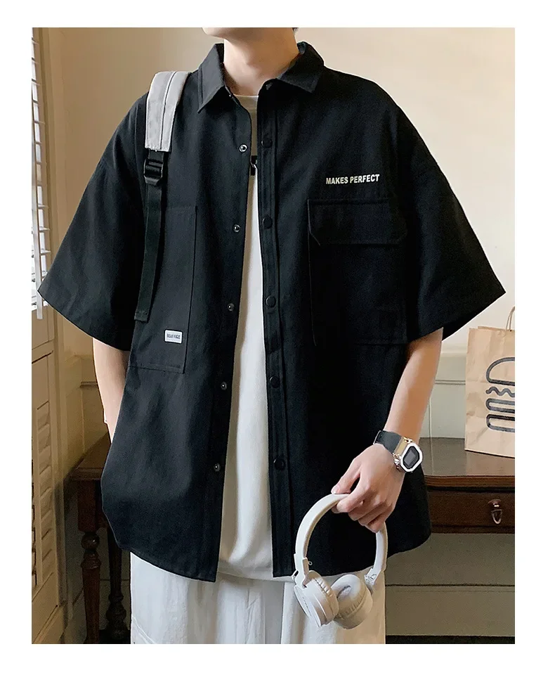 Korean Cargo Short Sleeve Shirts Men's Summer Fashion Thin Harajuku Casual Loose Shirt Coat Japan Streetwear Men Clothing Y2k