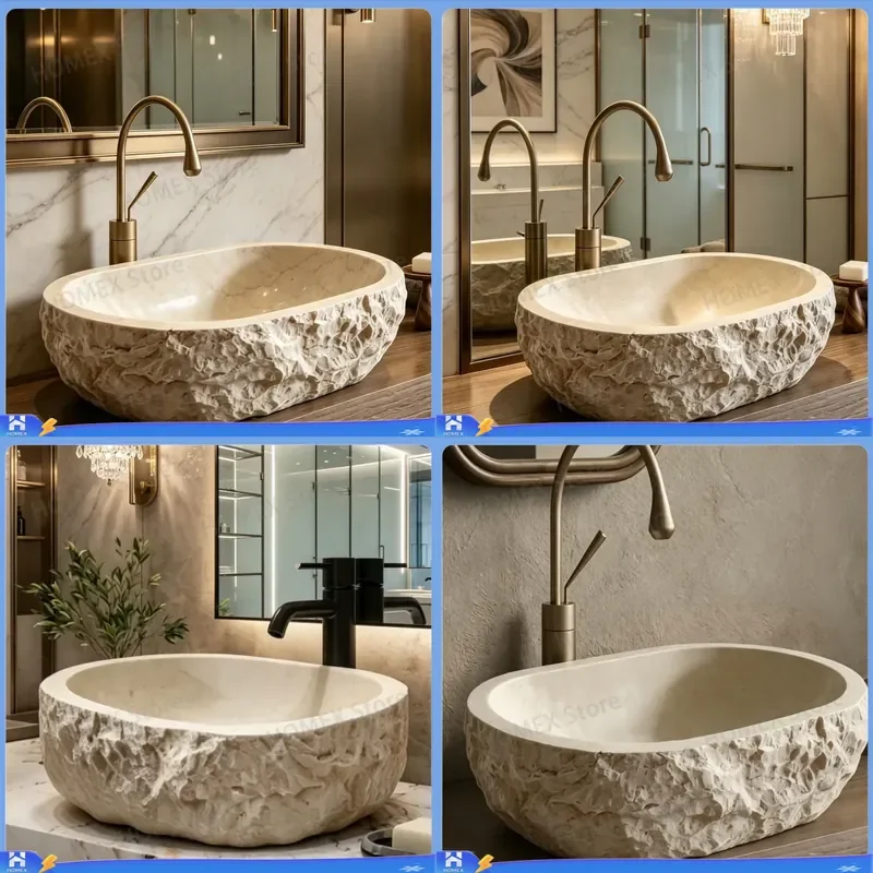 Hand Carved Natural Marble Sink Oval Beige Stone Basin Antique Bathroom Washbasin Hotel Vanity Countertop Vessel Lavabo