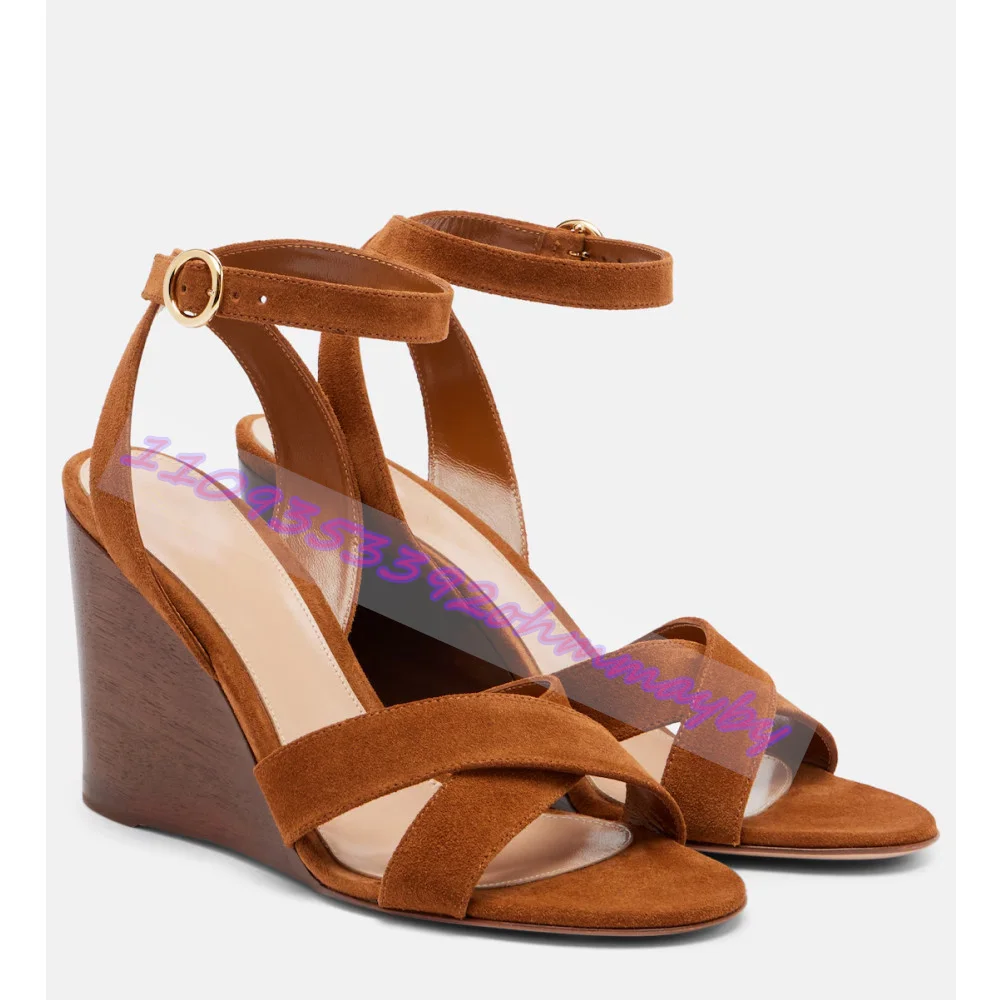 

2026 New Retro Suede Brown Open-Toe Wedge Sandals Luxury Lady Round Toe Buckle Strap Sandals Elegant Party Dress Women'S Shoes